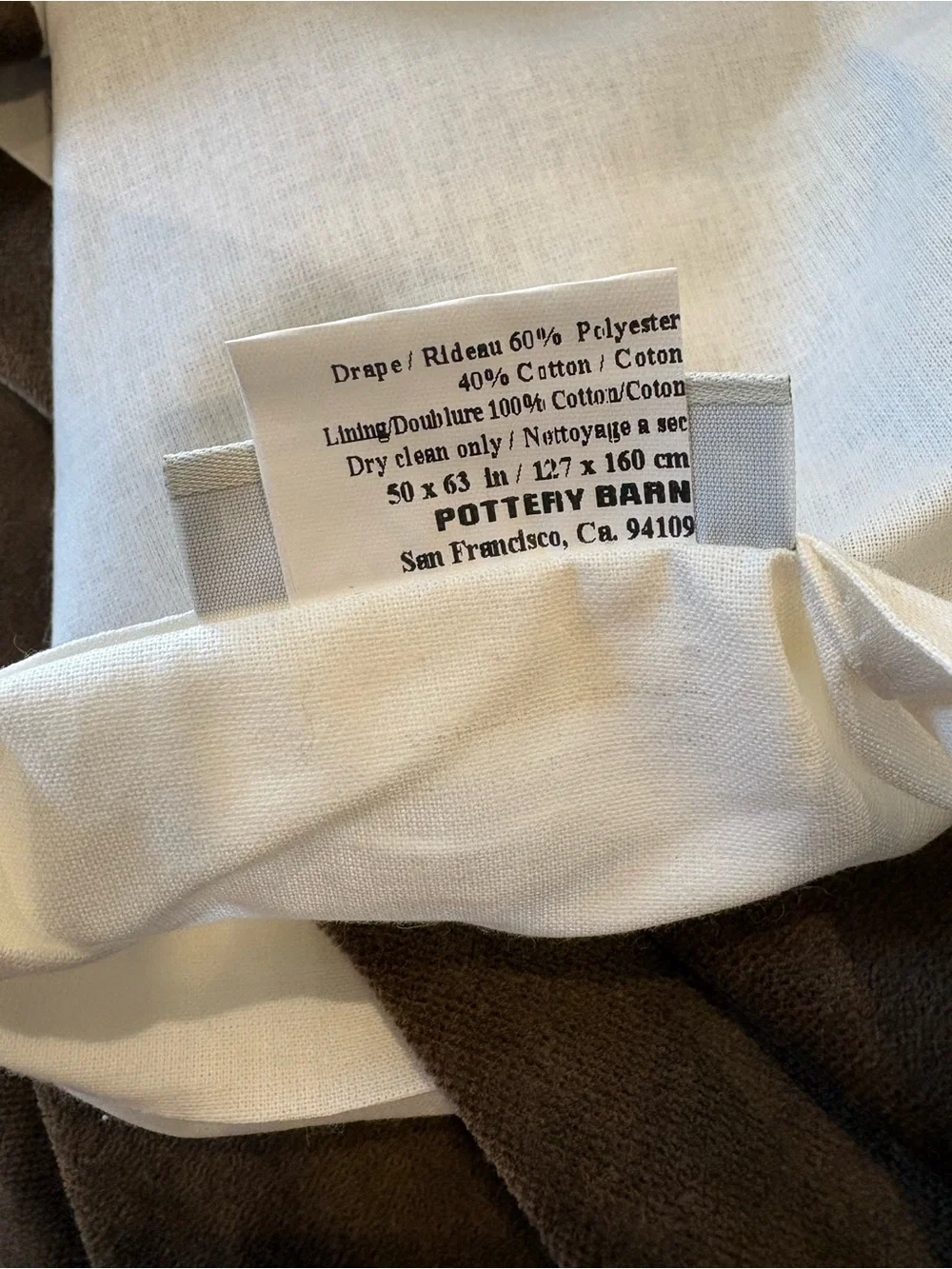 ONE Pottery Barn Velvet Twill Curtain Panel Cappuccino Brown 50